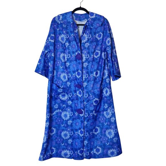 Vtg 60s 70s Blue Boho Mod Floral Housecoat L/XL Cottagecore Dress Velvet Buttons - Picture 1 of 9